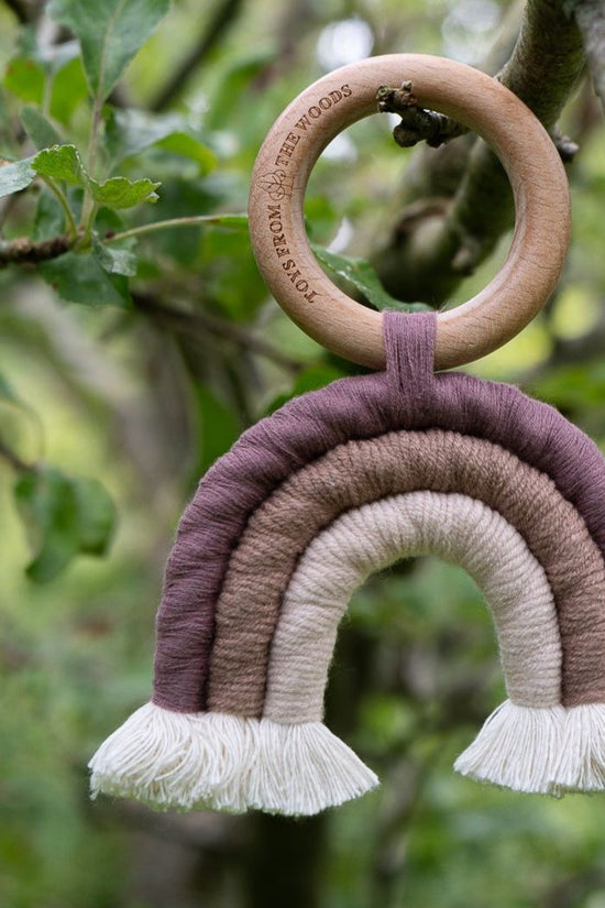 Baby Wooden Rattle, Rainbow Macrame Teether
