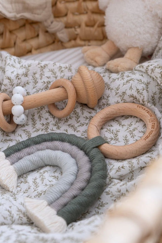 Baby Wooden Rattle, Rainbow Macrame Teether