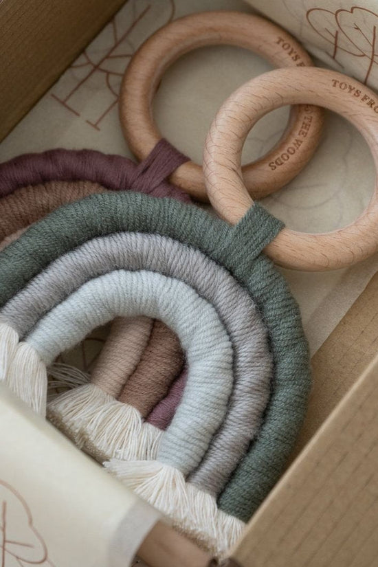 Baby Wooden Rattle, Rainbow Macrame Teether