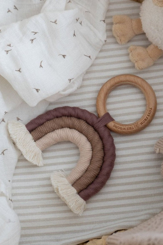 Baby Wooden Rattle, Rainbow Macrame Teether