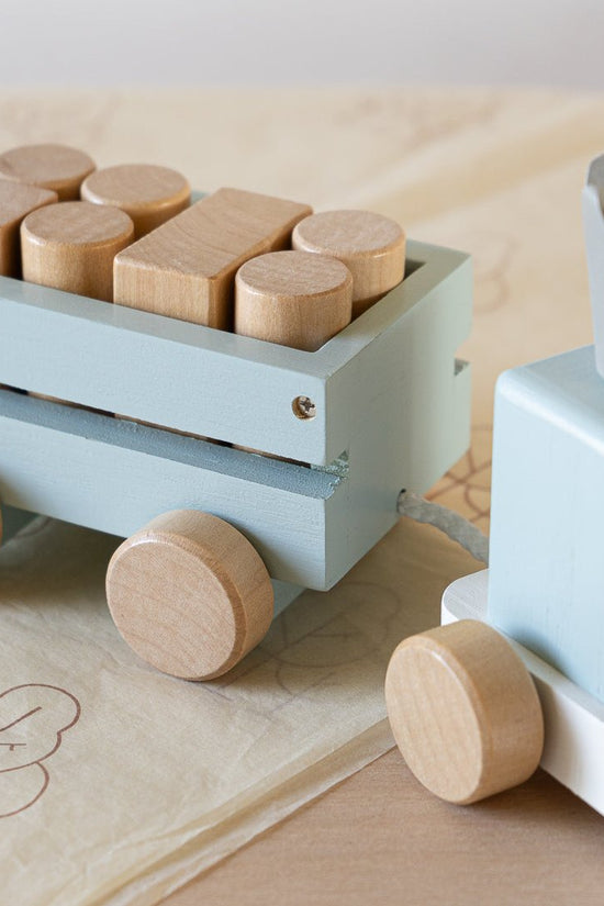 Perfectly Imperfect Blue Wooden Pull Along First Train with Wooden Blocks