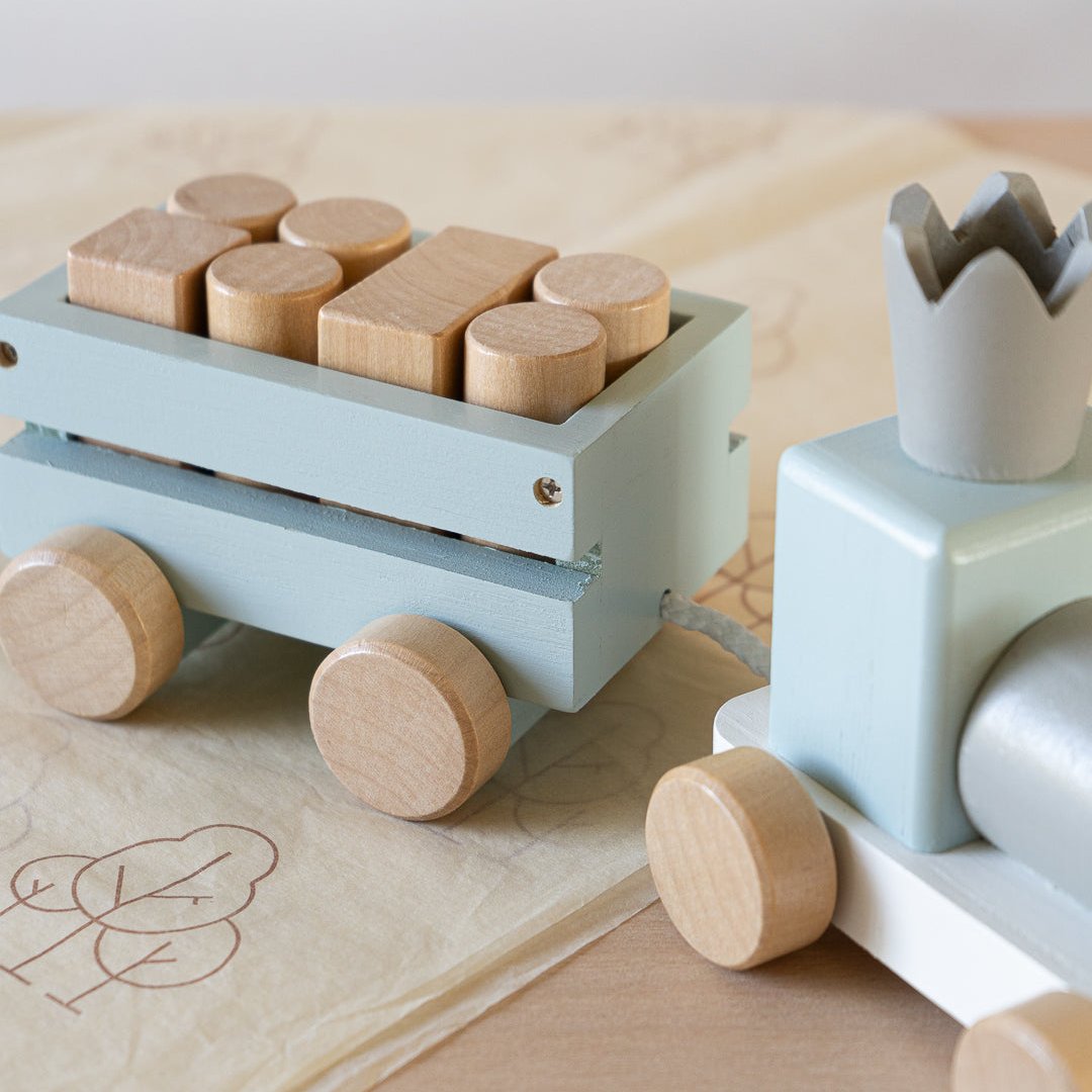 Perfectly Imperfect Blue Wooden Pull Along First Train with Wooden Blocks