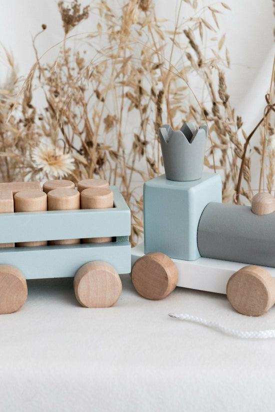 Perfectly Imperfect Blue Wooden Pull Along First Train with Wooden Blocks