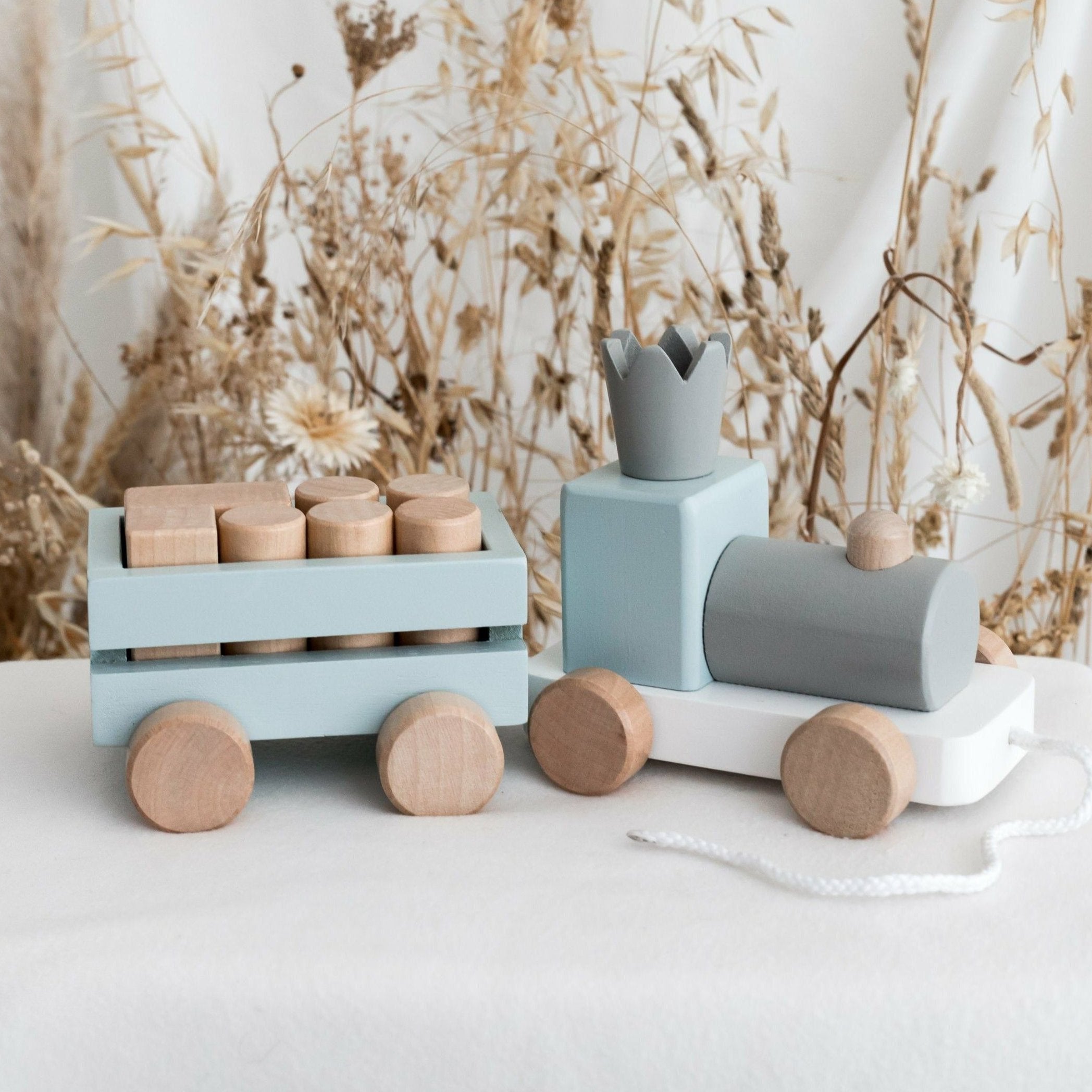 Perfectly Imperfect Blue Wooden Pull Along First Train with Wooden Blocks