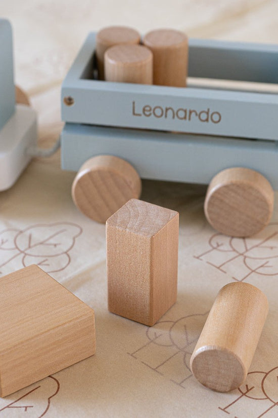 Perfectly Imperfect Blue Wooden Pull Along First Train with Wooden Blocks