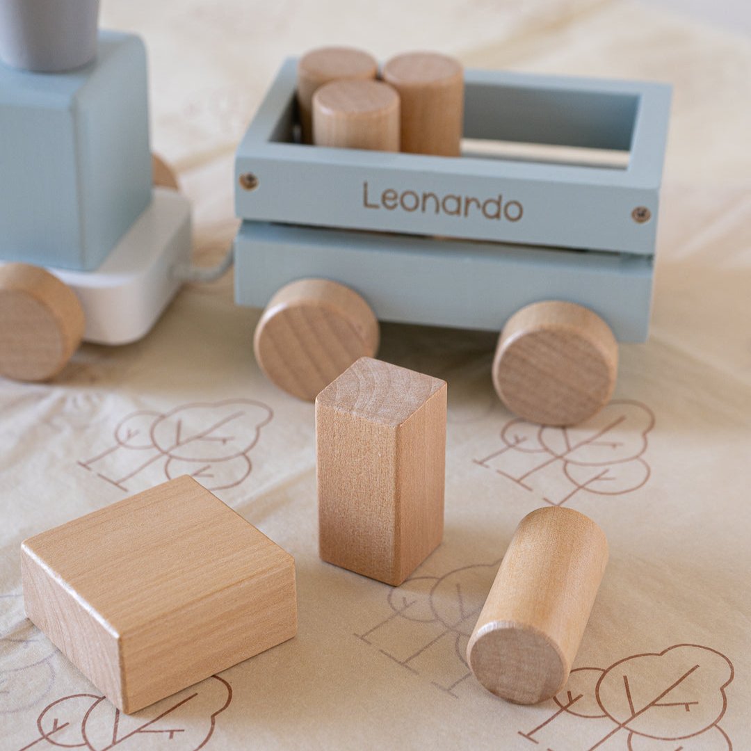 Perfectly Imperfect Blue Wooden Pull Along First Train with Wooden Blocks