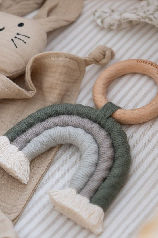 Baby Wooden Rattle, Rainbow Macrame Teether