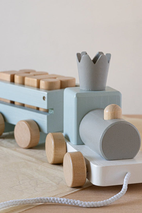 Perfectly Imperfect Blue Wooden Pull Along First Train with Wooden Blocks