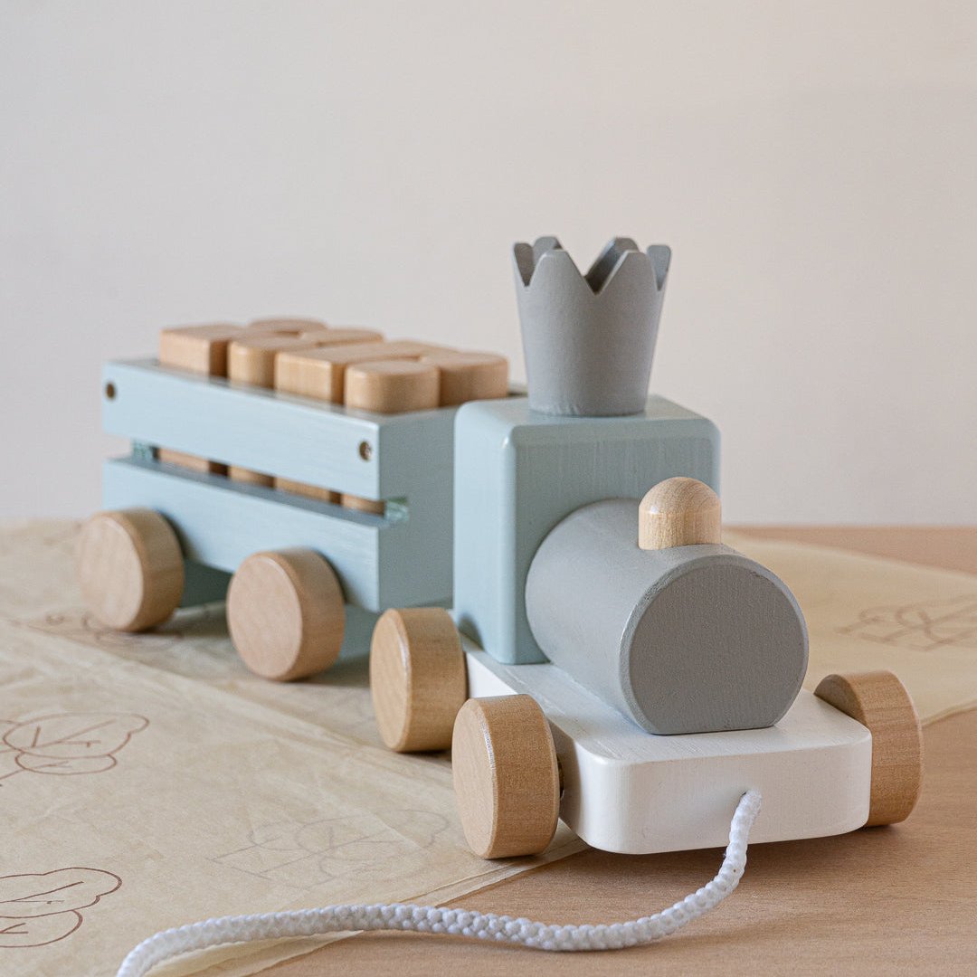 Perfectly Imperfect Blue Wooden Pull Along First Train with Wooden Blocks