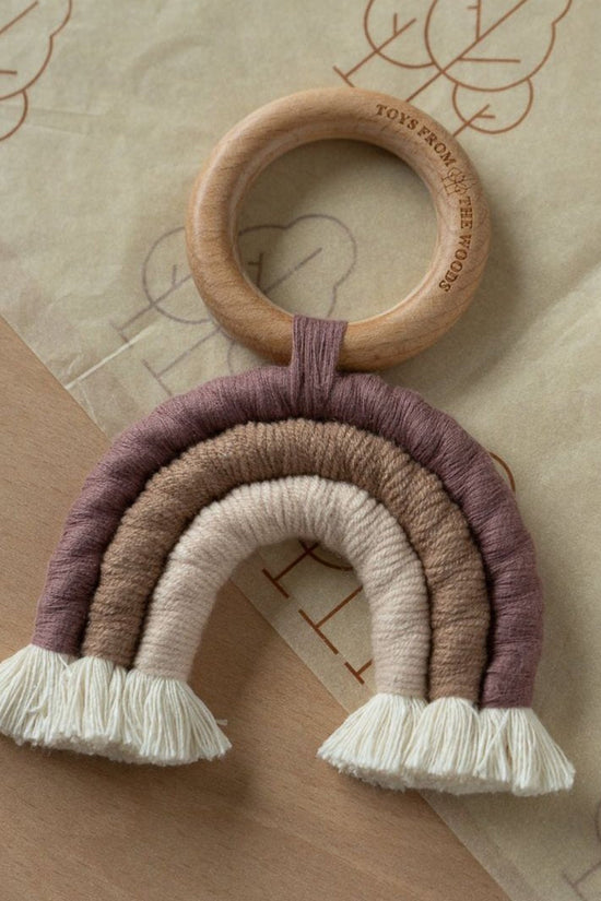 Baby Wooden Rattle, Rainbow Macrame Teether