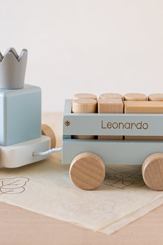 Perfectly Imperfect Blue Wooden Pull Along First Train with Wooden Blocks