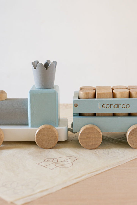 Perfectly Imperfect Blue Wooden Pull Along First Train with Wooden Blocks