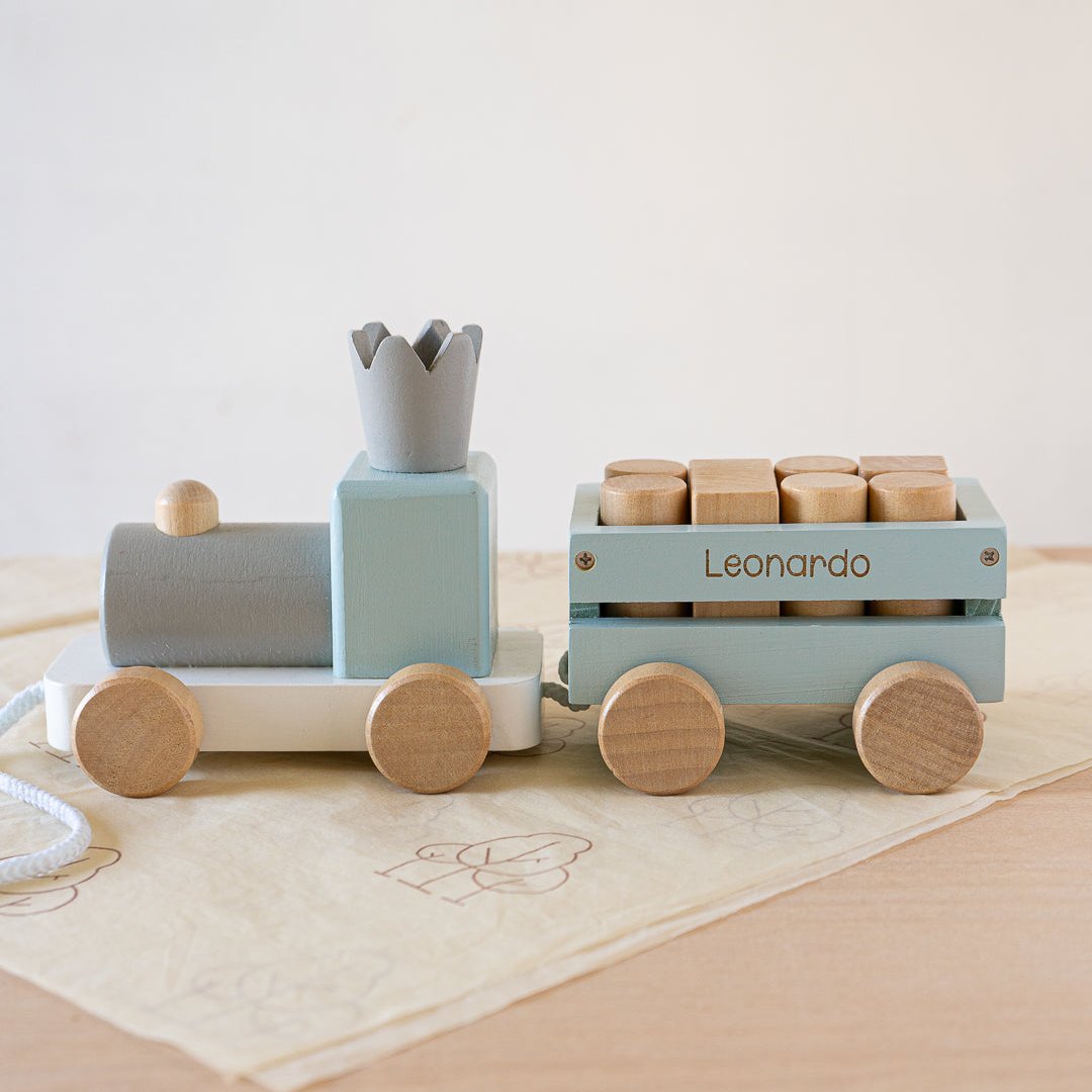 Perfectly Imperfect Blue Wooden Pull Along First Train with Wooden Blocks