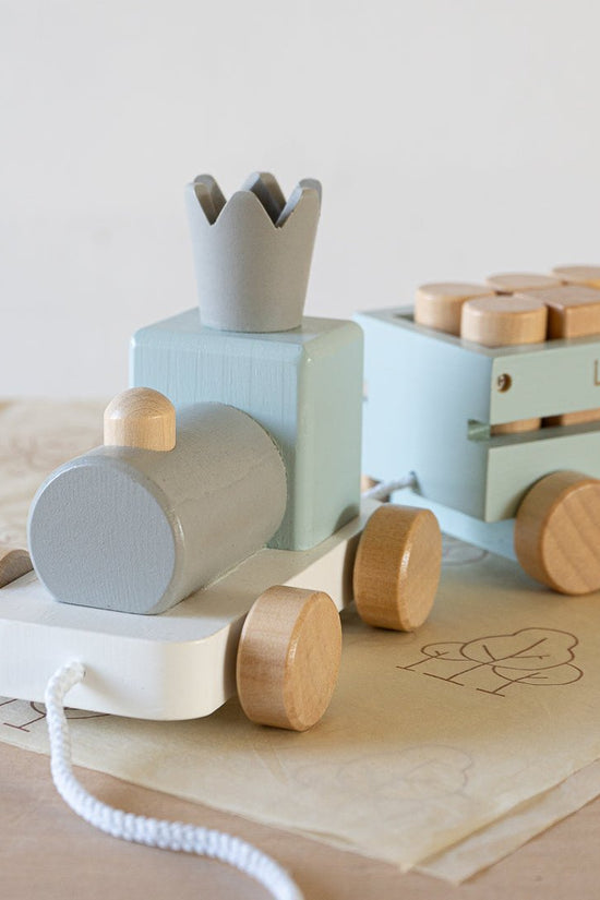 Perfectly Imperfect Blue Wooden Pull Along First Train with Wooden Blocks