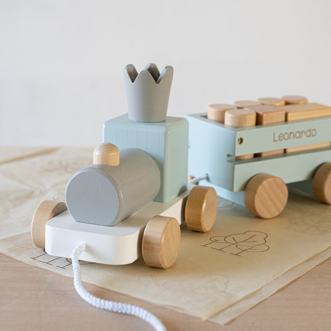 Perfectly Imperfect Blue Wooden Pull Along First Train with Wooden Blocks