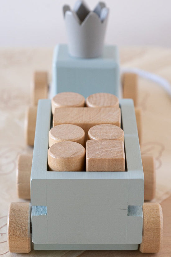 Perfectly Imperfect Blue Wooden Pull Along First Train with Wooden Blocks