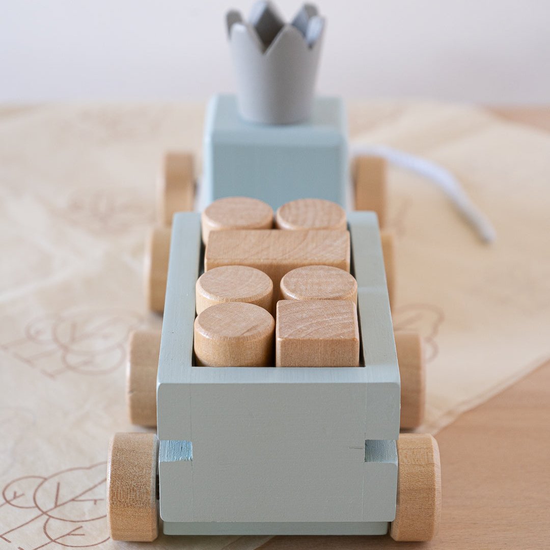 Perfectly Imperfect Blue Wooden Pull Along First Train with Wooden Blocks