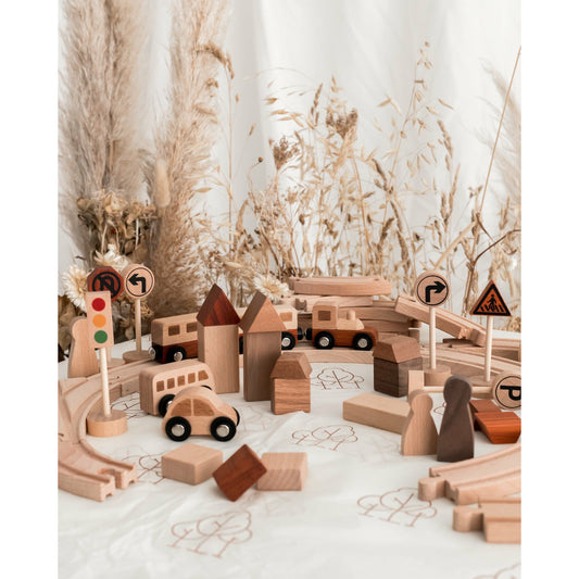Wooden Natural Play Train Track & Block Set